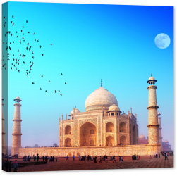 Tablou luminos in intuneric GlowforHome Palatul Taj Mahal din India cu luna si pasari pe cer 60 cm x 60 cm 