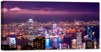 Tablou luminos in intuneric GlowforHome Panorama si luminile orasului Hong Kong noaptea 80 cm x 40 cm 