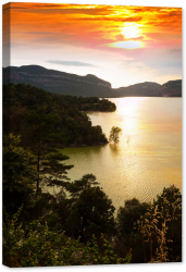 Tablou canvas luminescent luminos in intuneric GlowforHome Dualv-View rama lemn fosforescent Peisaj Cu Lacul Muntilor apus de soare 1 
