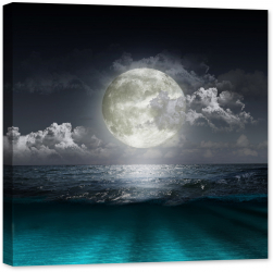 Tablou luminos in intuneric GlowforHome Peisaj Fantastic cu panorama apa si mare Luna gigantica cu reflexie si raze in ocean 80 cm x 80 c 