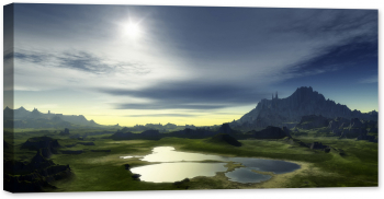 Tablou luminos in intuneric GlowforHome Peisaj Fantezie cu munti si lac pe planeta indepartata extraterestra 80 cm x 40 cm 