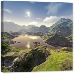 Tablou luminos in intuneric GlowforHome Peisaj verde panorama lac in munti din lume fantastica 60 cm x 60 cm 