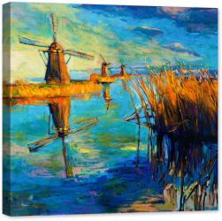 Tablou luminos in intuneric GlowforHome Reproducere pictura Morile de vant pe apa si stuf 60 cm x 60 cm 