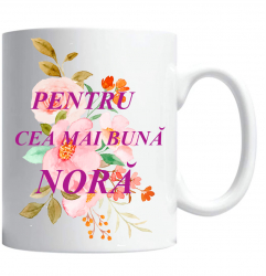 Cana alba personalizata & pentru cea mai buna nora pink flowers& INOVATIX® . 330ml 