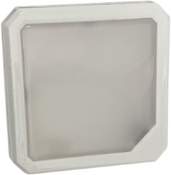 Lampa de veghe patrata cu sursa de lumina galbena fabricata dintr-o combinatie de metal si plastic intr-un finisaj alb