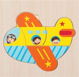 Puzzle educativ din lemn pentru copii cu 5 piese - Avion si Pasageri dimensiune 15 x 15 cm 