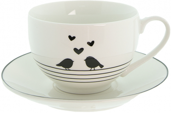 Set 4 cesti portelan alb negru Pasari 12x9x7 cm 14x2 cm 220 ml 