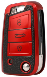 Husa rosu cu insertii piele pentru cheie VW Volkswagen Golf 7 MK7 Tiguan MK2 Seat Ateca Leon FR 2 Ibiza Skoda Octavia 