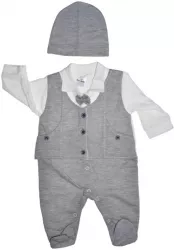 Set 2 piese salopeta cu maneca lunga si caciula pentru baieti Bebelinna S020823-7 Gri 