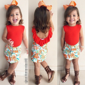 Set tricou rosu cu volanas si fusta cu floricele Drool Marime 130 