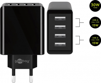 Incarcator de retea Goobay cu 4 porturi USB 30W design slim negru 