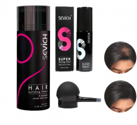 Kit complet fibre pentru par rar SEVICH pudra fixativ aplicator saten inchis 25 g 