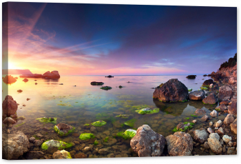 Tablou canvas luminescent luminos in intuneric GlowforHome Dualv-View rama lemn fosforescent Panorama colorata a apusului pe mare 60 