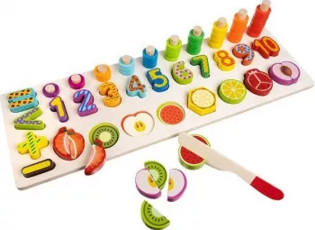 Joc Puzzle din Lemn cu Cifre Adunare Scadere Mai mic Mai mare si Fructe 