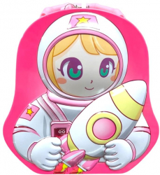 Pusculita culoare roz forma fetita astronaut metal forma 3D h16cm cu lacat 