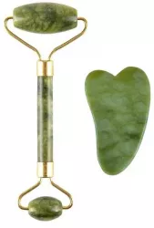 Set rola jad si gua sha pentru masaj facial si corporal SIKS® piatra de Jad efect de intinerire a pielii si drenaj limfatic V 
