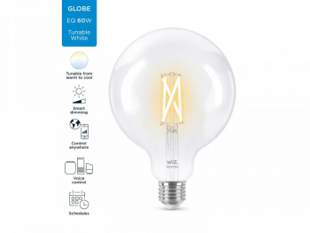 Bec LED inteligent vintage decorativ WiZ Connected Filament ClearG125 Wi-Fi E27 6.7W 60W 806 lm lumina alba 2700-6500K compatibil 