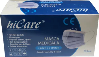 Cutie 50 masti MEDICALE HiCare BFE 99 fabricate in Romania 3 straturi 3 pliuri tija metalica albastru-mov 