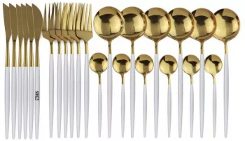 Set Tacamuri SIKS 24 Piese Stil Portughez Otel Inoxidabil Alb/Auriu