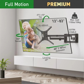 Suport TV plat/curbat de perete cu 2 brațe Barkan BM464XL 13- 83 Max 50kg VESA 600x400 negru