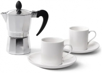 Set espressor si doua cesti servire Fissman aluminiu/portelan argintiu/alb 