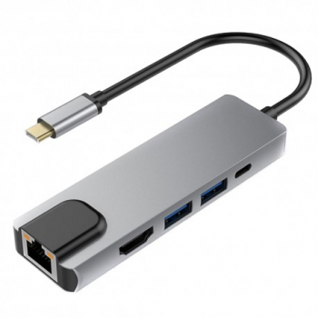 Adaptor Hub Multifunctional 5 In 1 Techstar® SFQ5IN1 HDMI 4K USB-C 1 X USB 3.0 1 X USB 2.0 LAN RJ45 Ethe 