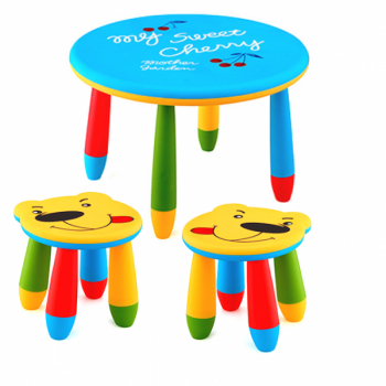 Set mobila copii masa rotunda SLANTE 70 cm culoare albastra cu 2 scaune URSULET galben 