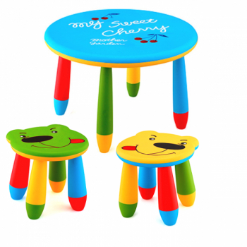 Set mobila copii masa rotunda SLANTE 70 cm culoare albastra cu 2 scaune URSULET galben verde 