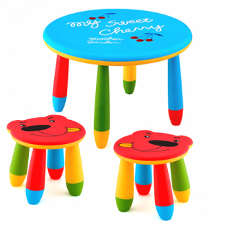 Set mobila copii masa rotunda SLANTE 70 cm culoare albastra cu 2 scaune URSULET rosu 