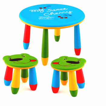 Set mobila copii masa rotunda SLANTE 70 cm culoare albastra cu 2 scaune URSULET verde 