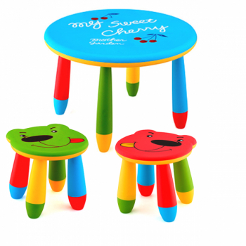Set mobila copii masa rotunda SLANTE 70 cm culoare albastra cu 2 scaune URSULET verde rosu 