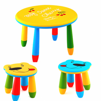 Set mobila copii masa rotunda SLANTE 70 cm culoare galbena cu 2 scaune galben albastru 