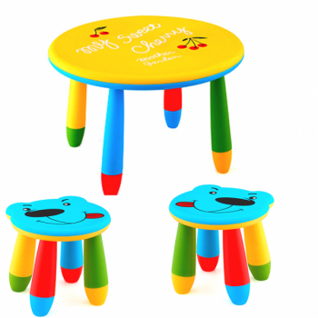 Set mobila copii masa rotunda SLANTE 70 cm culoare galbena cu 2 scaune URSULET albastru 