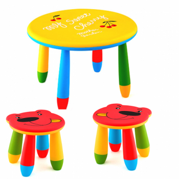 Set mobila copii masa rotunda SLANTE 70 cm culoare galbena cu 2 scaune URSULET rosu 