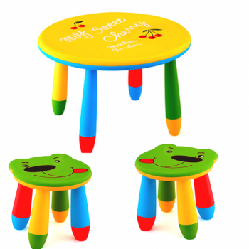 Set mobila copii masa rotunda SLANTE 70 cm culoare galbena cu 2 scaune URSULET verde 
