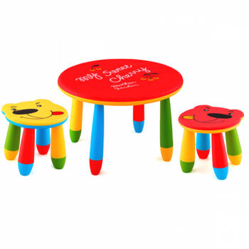 Set mobila copii masa rotunda SLANTE 70 cm culoare rosie cu 2 scaune URSULET galben rosu 