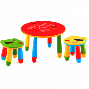 Set mobila copii masa rotunda SLANTE 70 cm culoare rosie cu 2 scaune URSULET galben verde 