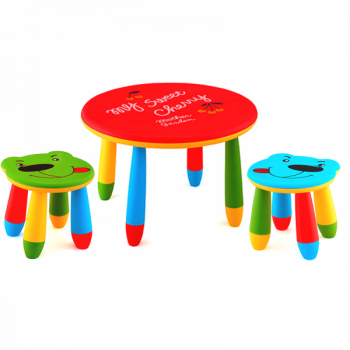Set mobila copii masa rotunda SLANTE 70 cm culoare rosie cu 2 scaune URSULET verde albastru 