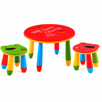 Set mobila copii masa rotunda SLANTE 70 cm culoare rosie cu 2 scaune URSULET verde rosu 