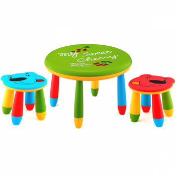 Set mobila copii masa rotunda SLANTE 70 cm culoare verde cu 2 scaune URSULET albastru rosu 