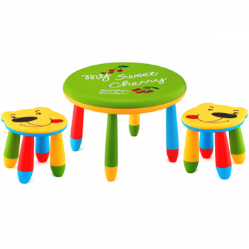 Set mobila copii masa rotunda SLANTE 70 cm culoare verde cu 2 scaune URSULET galben 