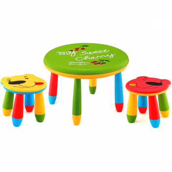 Set mobila copii masa rotunda SLANTE 70 cm culoare verde cu 2 scaune URSULET galben rosu 