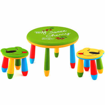 Set mobila copii masa rotunda SLANTE 70 cm culoare verde cu 2 scaune URSULET galben verde 
