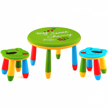 Set mobila copii masa rotunda SLANTE 70 cm culoare verde cu 2 scaune URSULET verde albastru 