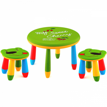 Set mobila copii masa rotunda SLANTE 70 cm culoare verde cu 2 scaune URSULET verde 