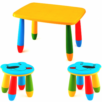 Set mobila copii masa MASHA dreptunghiulara 72 5x57cm culoare galbena cu 2 scaune URSULET albastru 