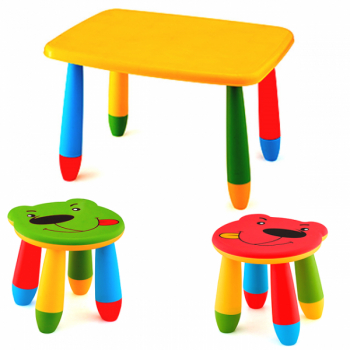Set mobila copii masa MASHA dreptunghiulara 72 5x57cm culoare galbena cu 2 scaune URSULET verde rosu 