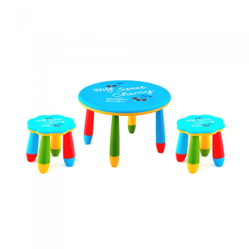 Set mobila copii masa rotunda SLANTE 70 cm culoare albastra cu 2 scaune FLOARE albastru 