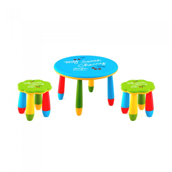 Set mobila copii masa rotunda SLANTE 70 cm culoare albastra cu 2 scaune FLOARE verde 