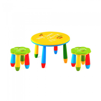 Set mobila copii masa rotunda SLANTE 70 cm culoare galbena cu 2 scaune FLOARE verde 